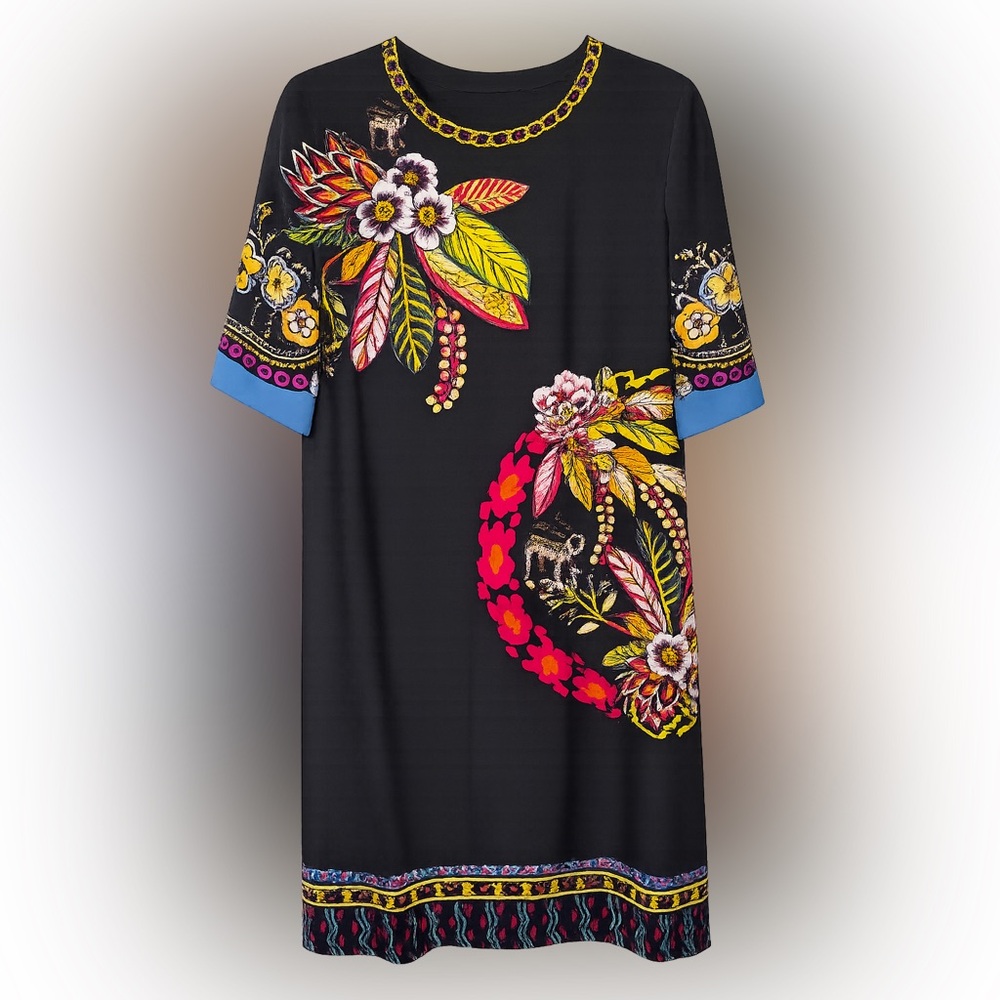 Etro 44 Black Multi Floral Printed Short Sleeved Crepe Dress